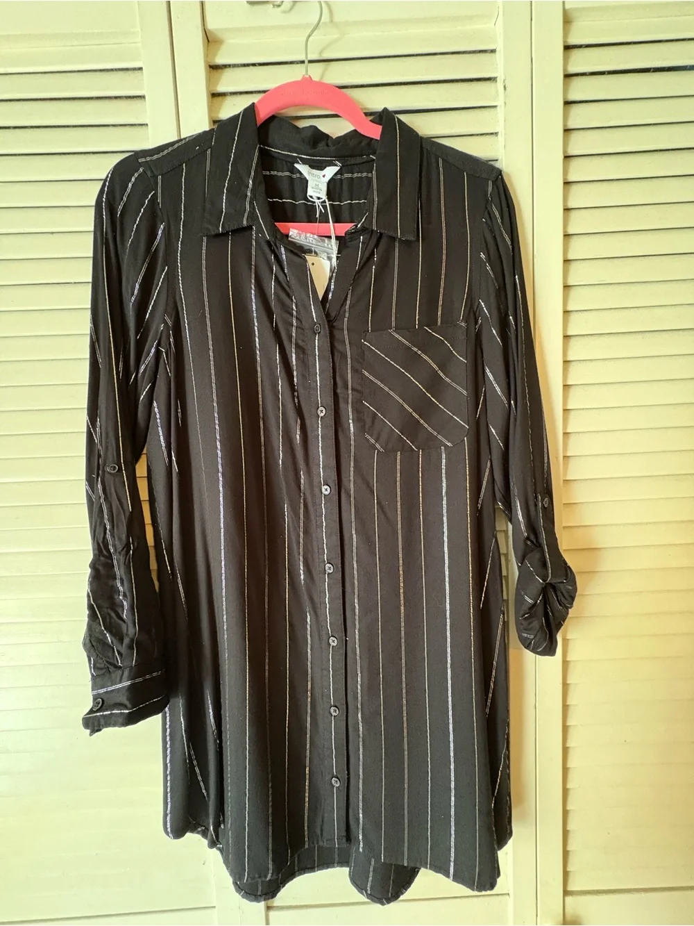 Black Pinstripe Button-Up Tunic Shirt Dress